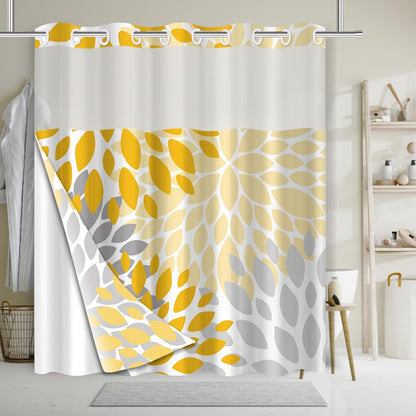 No Hook Shower Curtain,Deluxe Yellow Dahlia Floral Shower Curtains for Bathroom,Hotel Style Aesthetic Decor,Gray Petal Pattern,Stylish Floral,with White Removable Liner,71x74 inches