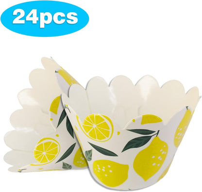 24pcs Fresh Fruit Lemon Cupcake Wrappers Pick for Citrus Lemonade Theme Decor Supplies Baby Shower Boys Girls Happy Birthday Party Baking Wrapping Decorations