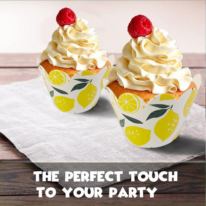 24pcs Fresh Fruit Lemon Cupcake Wrappers Pick for Citrus Lemonade Theme Decor Supplies Baby Shower Boys Girls Happy Birthday Party Baking Wrapping Decorations