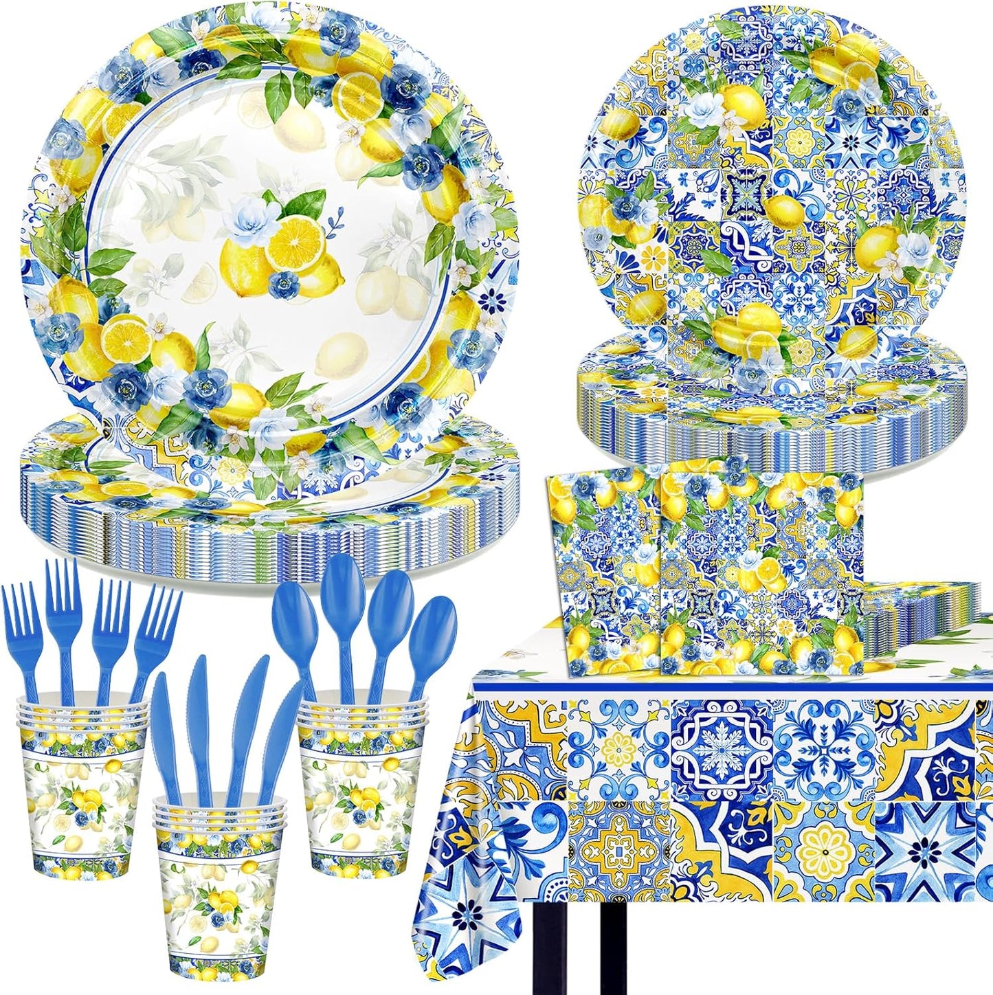 169 Pcs Capri Lemon Party Decorations Amalfi Coast Lemon Party Supplies Serve 24 Summer Mediterranean Tableware Set Lemon Plates Napkins Tablecloth for Birthday Bridal Shower