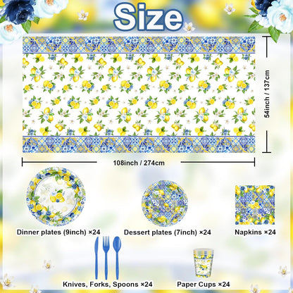 169 Pcs Capri Lemon Party Decorations Amalfi Coast Lemon Party Supplies Serve 24 Summer Mediterranean Tableware Set Lemon Plates Napkins Tablecloth for Birthday Bridal Shower