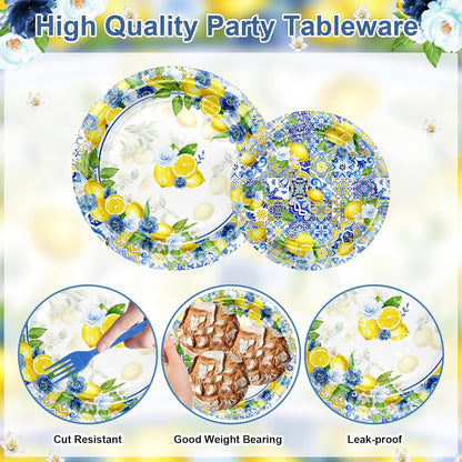 169 Pcs Capri Lemon Party Decorations Amalfi Coast Lemon Party Supplies Serve 24 Summer Mediterranean Tableware Set Lemon Plates Napkins Tablecloth for Birthday Bridal Shower