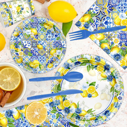 169 Pcs Capri Lemon Party Decorations Amalfi Coast Lemon Party Supplies Serve 24 Summer Mediterranean Tableware Set Lemon Plates Napkins Tablecloth for Birthday Bridal Shower