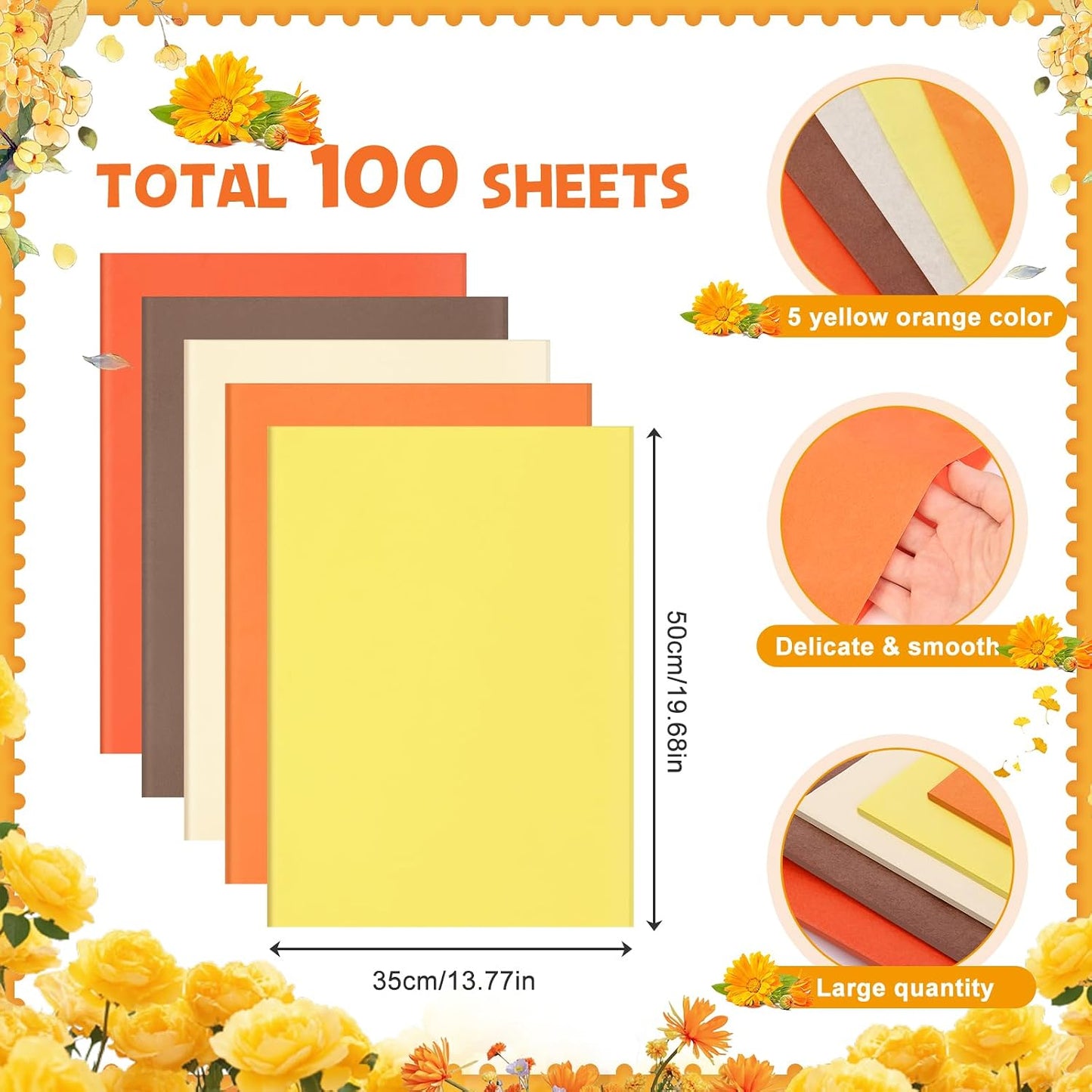 100Sheets Fall Tissue Paper 14 x 20 Orange Tissue Paper for Gift Bags Bulk | Autumn Gift Wrapping Paper Orange Yellow Brown Tissue Papers for Crafts Birthday Baby Shower Thanksgiving Harvest Party Decor