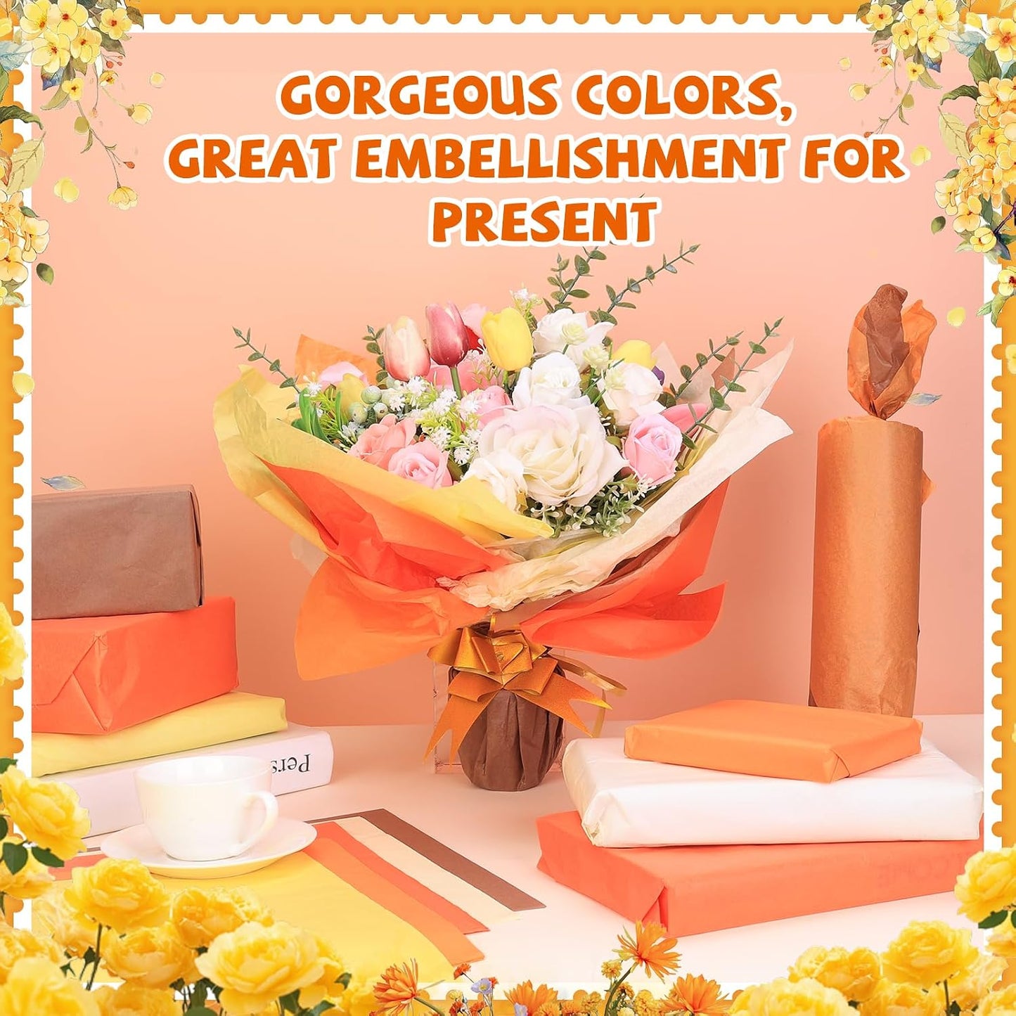 100Sheets Fall Tissue Paper 14 x 20 Orange Tissue Paper for Gift Bags Bulk | Autumn Gift Wrapping Paper Orange Yellow Brown Tissue Papers for Crafts Birthday Baby Shower Thanksgiving Harvest Party Decor