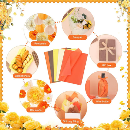100Sheets Fall Tissue Paper 14 x 20 Orange Tissue Paper for Gift Bags Bulk | Autumn Gift Wrapping Paper Orange Yellow Brown Tissue Papers for Crafts Birthday Baby Shower Thanksgiving Harvest Party Decor