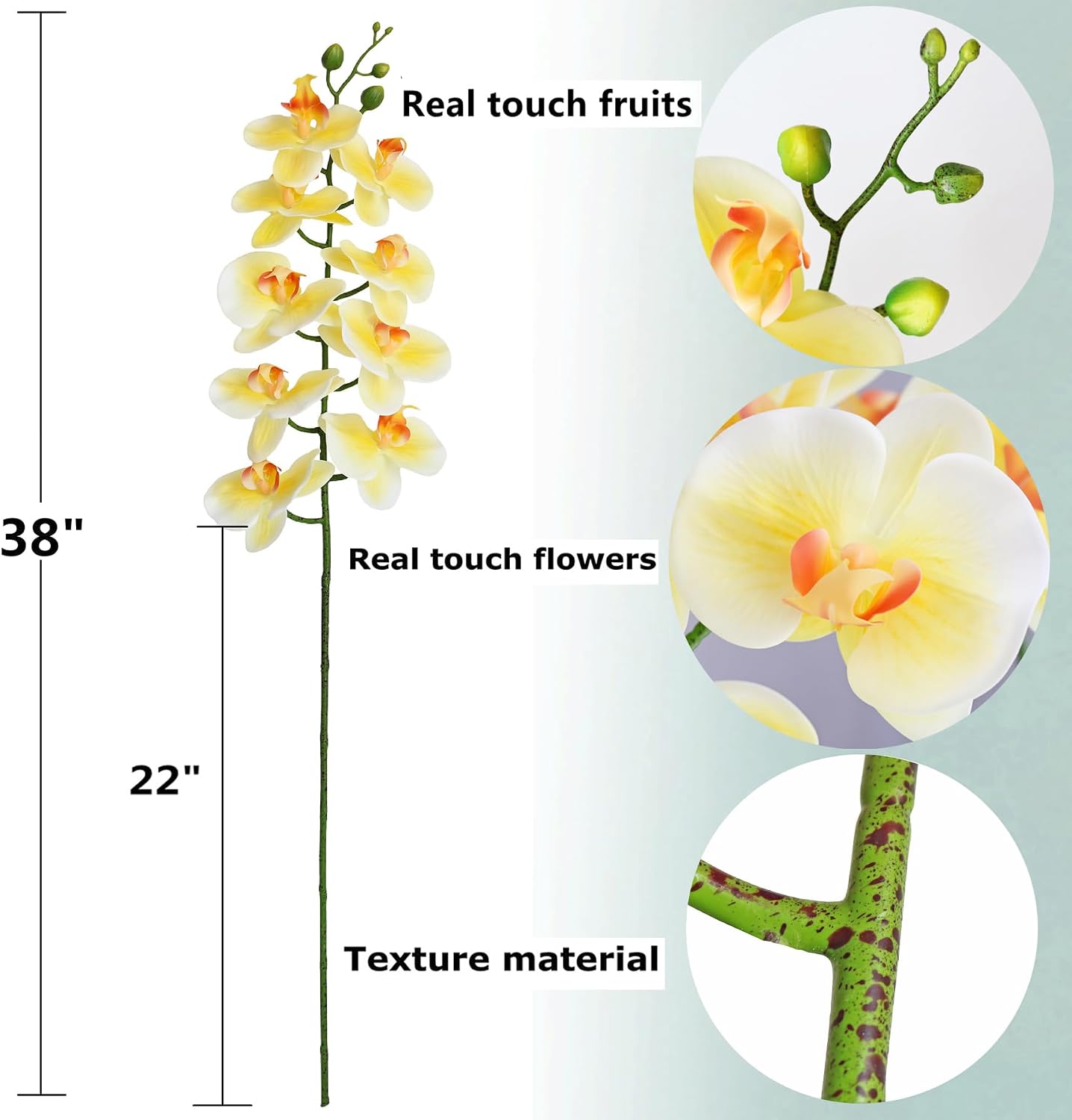 38 Inch Artificial Phalaenopsis Flowers Branches Real Touch (Not Silk) Orchids Flowers for Home Office Wedding Decoration,Pack of 2 (Light Yellow)