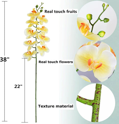 38 Inch Artificial Phalaenopsis Flowers Branches Real Touch (Not Silk) Orchids Flowers for Home Office Wedding Decoration,Pack of 2 (Light Yellow)