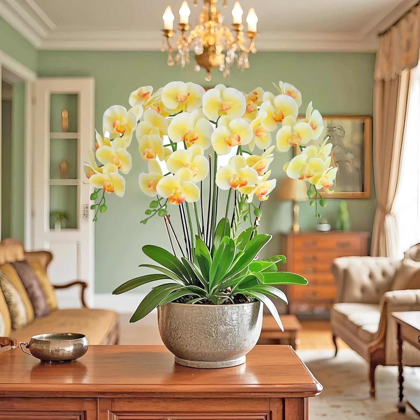 38 Inch Artificial Phalaenopsis Flowers Branches Real Touch (Not Silk) Orchids Flowers for Home Office Wedding Decoration,Pack of 2 (Light Yellow)