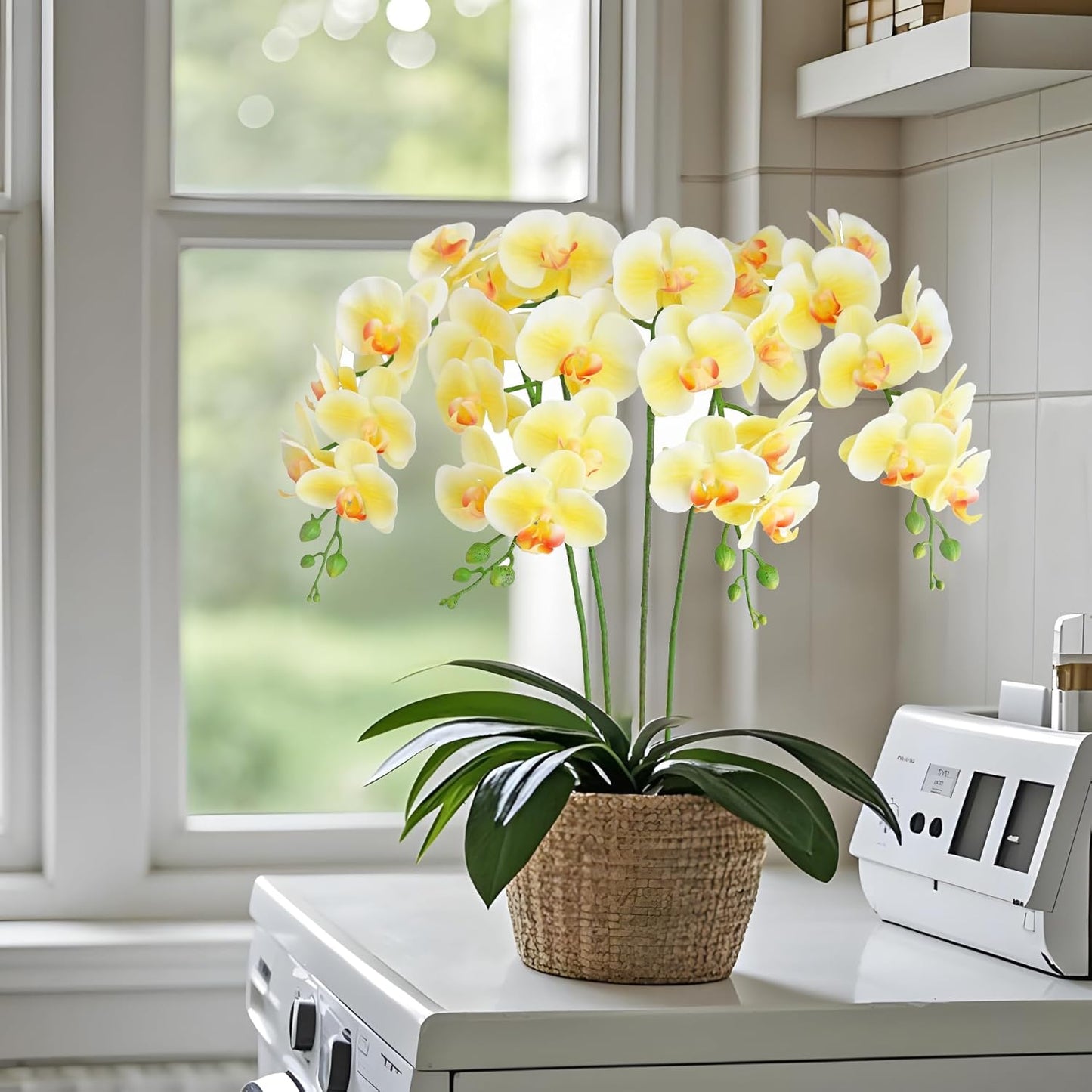 38 Inch Artificial Phalaenopsis Flowers Branches Real Touch (Not Silk) Orchids Flowers for Home Office Wedding Decoration,Pack of 2 (Light Yellow)