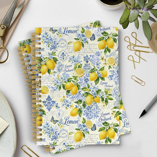 YLZlhb Italian Amalfi Coast Lemon Spiral Notebook Journal, Blue Mediterranean Notebooks for Note Taking, Lemon Gifts for Women, Retro Summer Fruits Floral Hardcover Spiral Journal 5.5x8.3 Inches