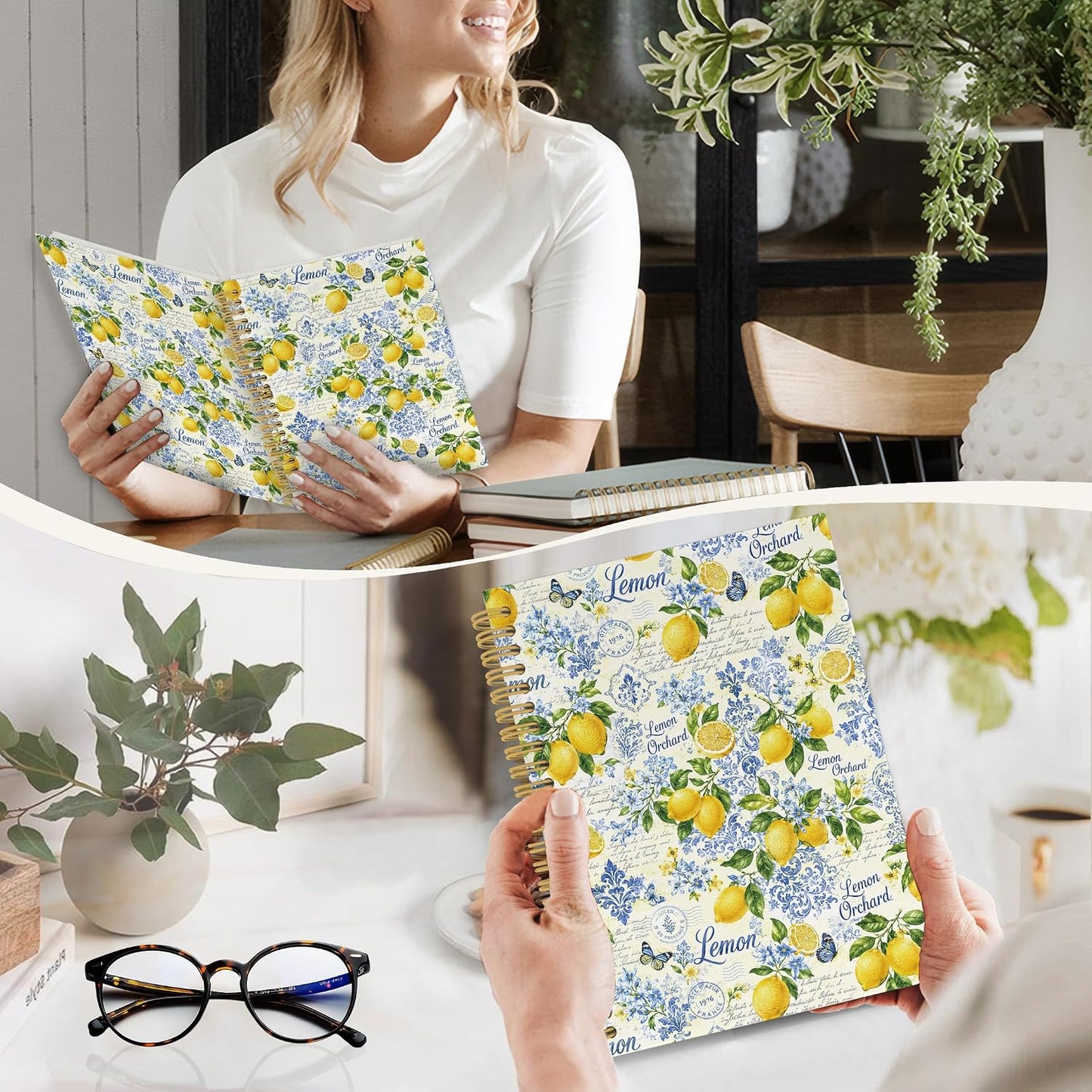 YLZlhb Italian Amalfi Coast Lemon Spiral Notebook Journal, Blue Mediterranean Notebooks for Note Taking, Lemon Gifts for Women, Retro Summer Fruits Floral Hardcover Spiral Journal 5.5x8.3 Inches