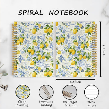 YLZlhb Italian Amalfi Coast Lemon Spiral Notebook Journal, Blue Mediterranean Notebooks for Note Taking, Lemon Gifts for Women, Retro Summer Fruits Floral Hardcover Spiral Journal 5.5x8.3 Inches