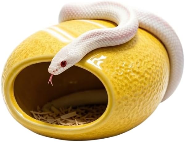 Ceramic Reptile Hide Cave - Cooling Hideout and Terrarium Decor (Yellow) | Cooling ceramic hide cave for snakes & geckos.Textured embossed design provides stress-relief & enhances terrarium decor