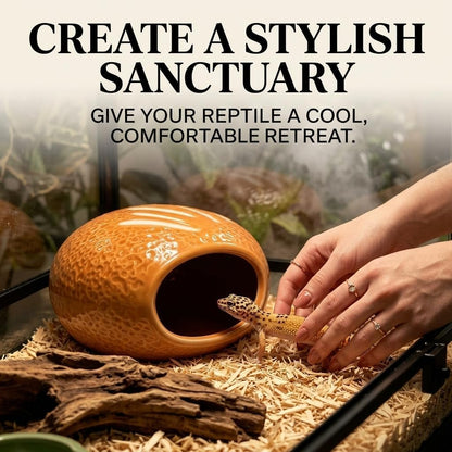 Ceramic Reptile Hide Cave - Cooling Hideout and Terrarium Decor (Yellow) | Cooling ceramic hide cave for snakes & geckos.Textured embossed design provides stress-relief & enhances terrarium decor