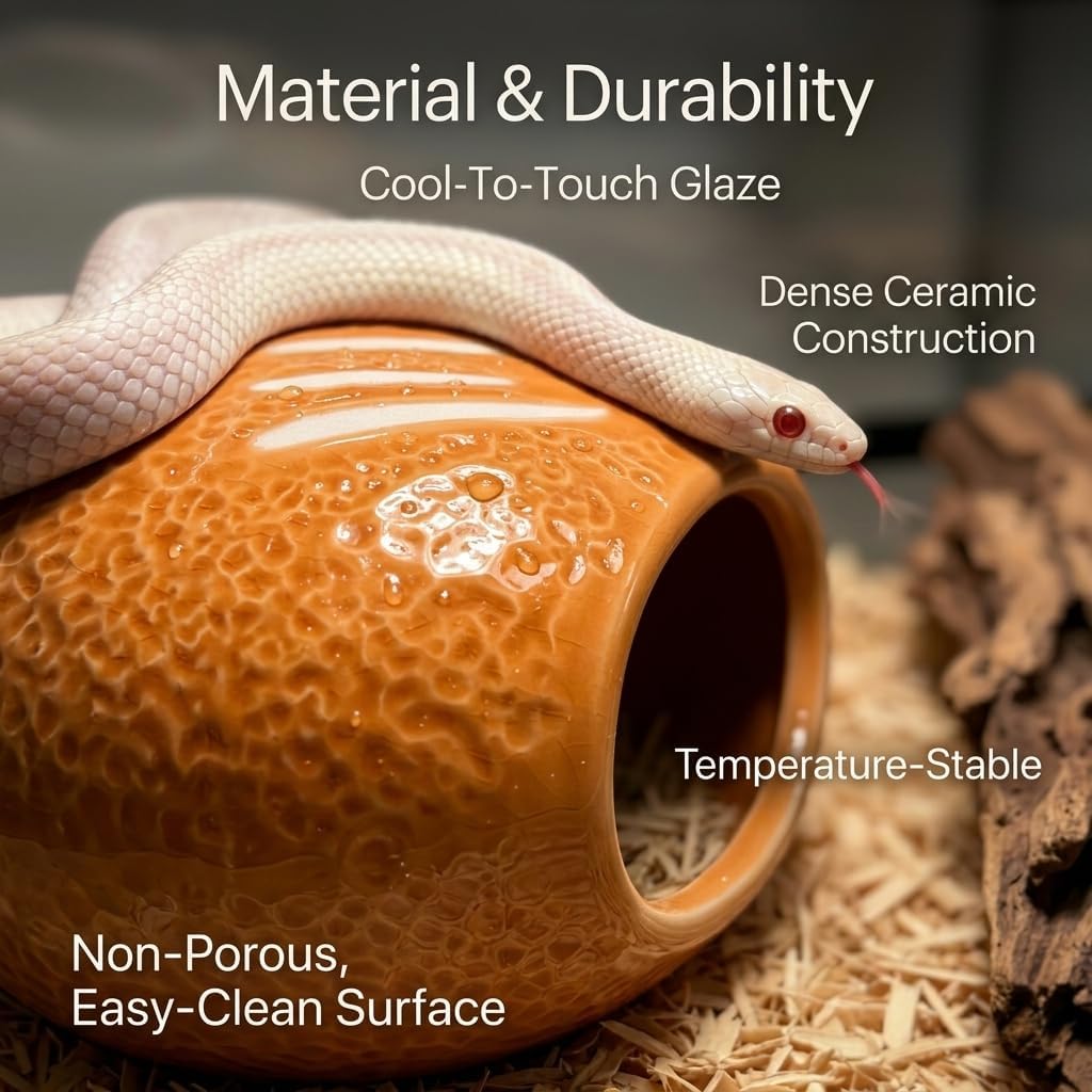Ceramic Reptile Hide Cave - Cooling Hideout and Terrarium Decor (Yellow) | Cooling ceramic hide cave for snakes & geckos.Textured embossed design provides stress-relief & enhances terrarium decor