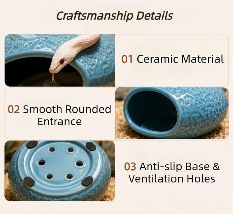 Ceramic Reptile Hide Cave - Cooling Hideout and Terrarium Decor (Yellow) | Cooling ceramic hide cave for snakes & geckos.Textured embossed design provides stress-relief & enhances terrarium decor