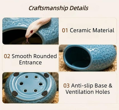 Ceramic Reptile Hide Cave - Cooling Hideout and Terrarium Decor (Yellow) | Cooling ceramic hide cave for snakes & geckos.Textured embossed design provides stress-relief & enhances terrarium decor