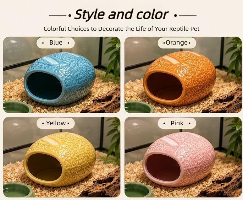 Ceramic Reptile Hide Cave - Cooling Hideout and Terrarium Decor (Yellow) | Cooling ceramic hide cave for snakes & geckos.Textured embossed design provides stress-relief & enhances terrarium decor