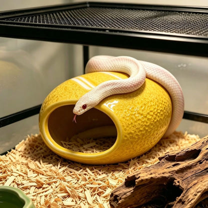 Ceramic Reptile Hide Cave - Cooling Hideout and Terrarium Decor (Yellow) | Cooling ceramic hide cave for snakes & geckos.Textured embossed design provides stress-relief & enhances terrarium decor