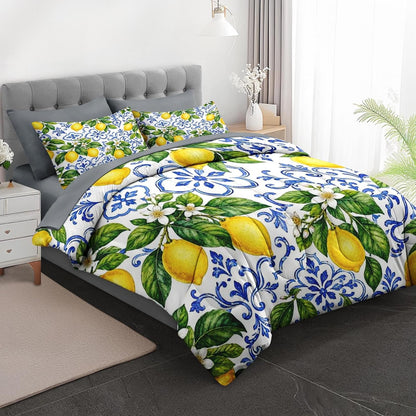 Comforter Set Twin Size Lemon Italian Summer 5 Pcs, Bedding for Kids and Adults, Bed Sheet Sets with Fitted Sheet Pillowcase & Sham for Bedroom Bed Decor
