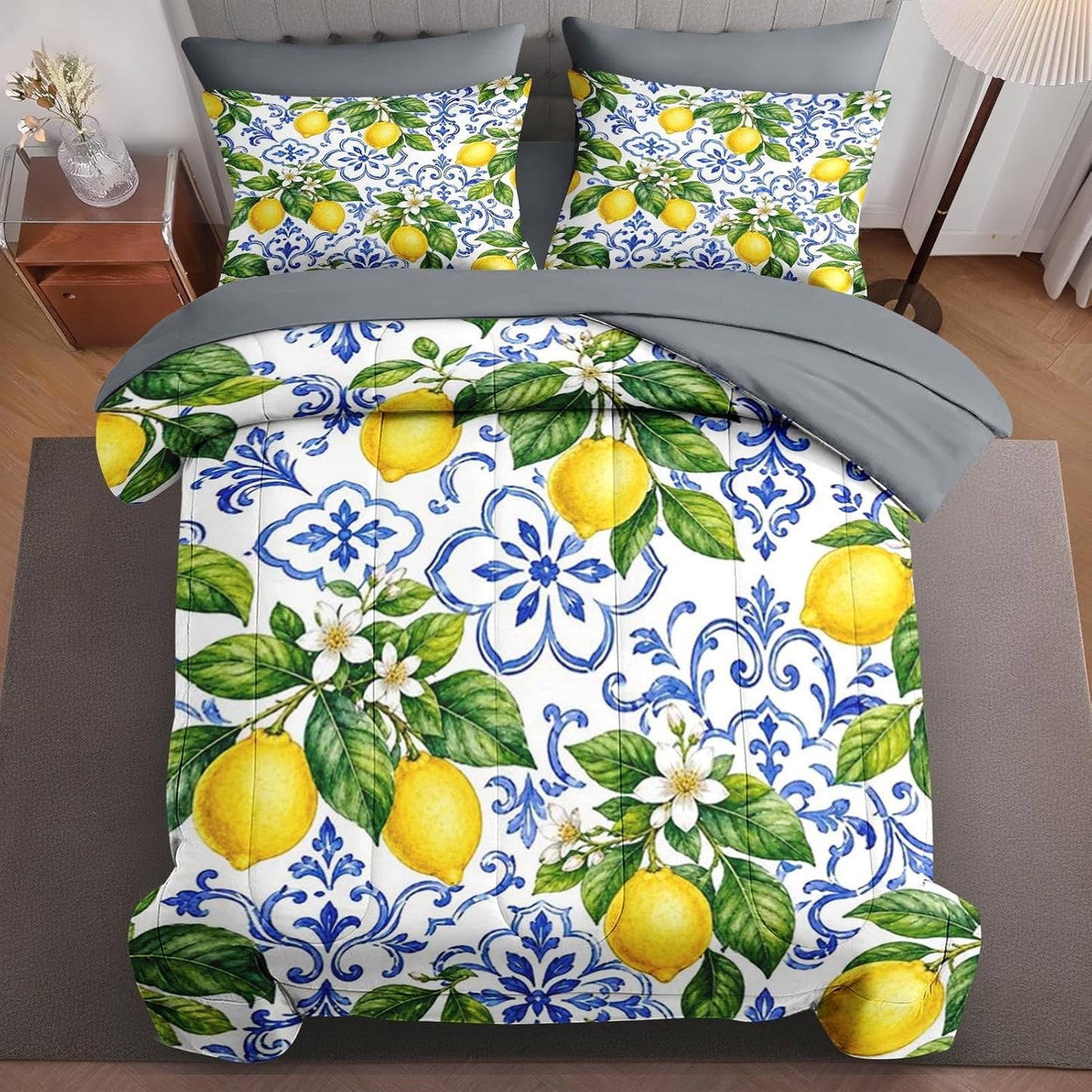 Comforter Set Twin Size Lemon Italian Summer 5 Pcs, Bedding for Kids and Adults, Bed Sheet Sets with Fitted Sheet Pillowcase & Sham for Bedroom Bed Decor