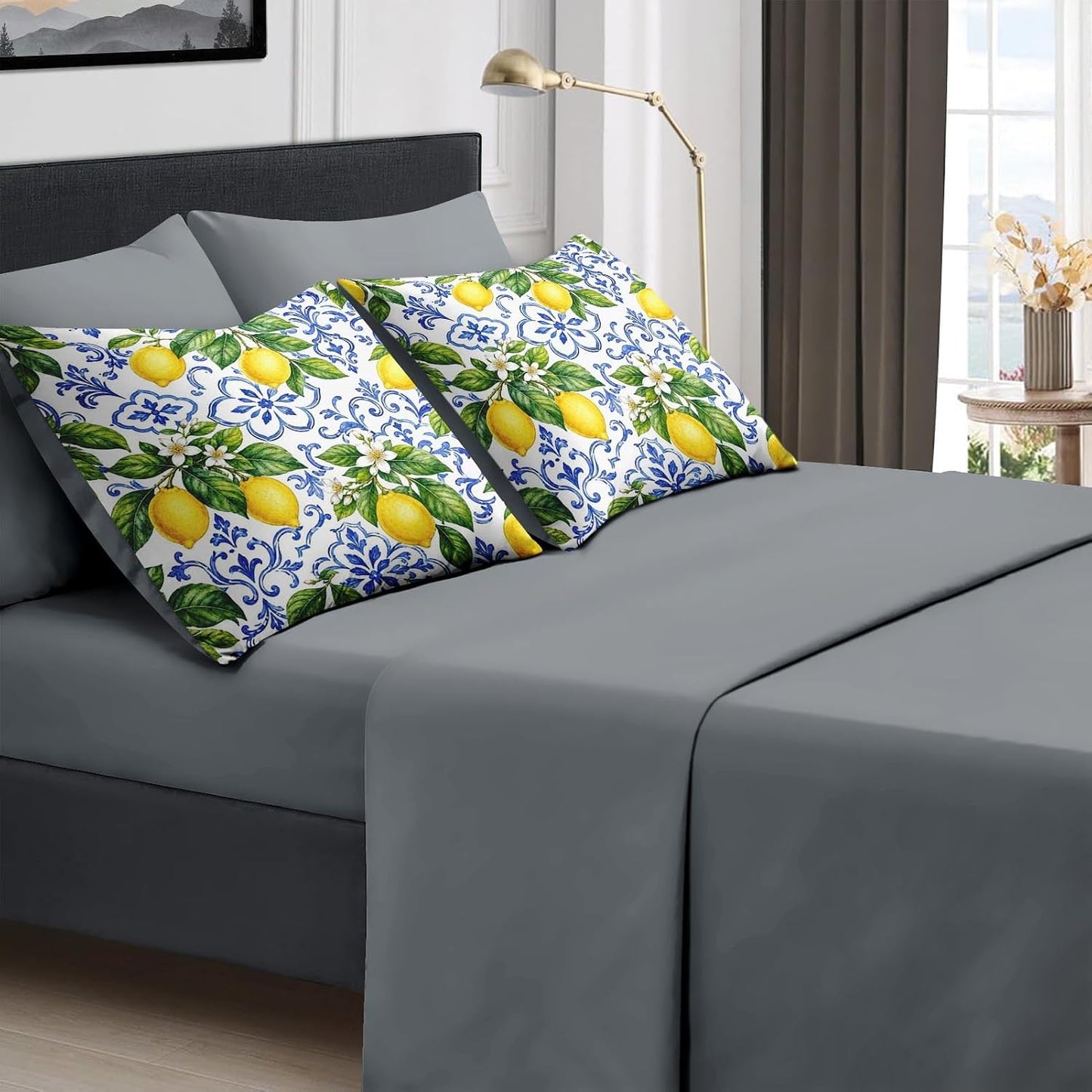 Comforter Set Twin Size Lemon Italian Summer 5 Pcs, Bedding for Kids and Adults, Bed Sheet Sets with Fitted Sheet Pillowcase & Sham for Bedroom Bed Decor
