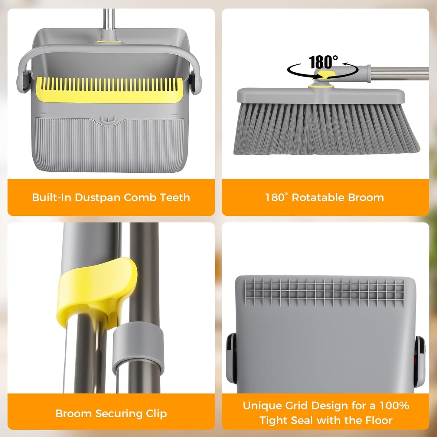 Upgrade Broom and Dustpan Set 180° Rotatable Head with 61" Extra Long Adjustable Handle Self-Cleaning Dustpan Teeth&Zero Gap Indoor Outdoor Sweeping for Home Kitchen Office Pet Hair-Gray&Yellow