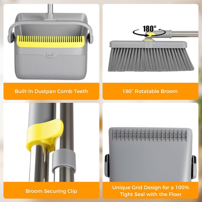 Upgrade Broom and Dustpan Set 180° Rotatable Head with 61" Extra Long Adjustable Handle Self-Cleaning Dustpan Teeth&Zero Gap Indoor Outdoor Sweeping for Home Kitchen Office Pet Hair-Gray&Yellow