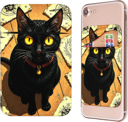 Phone Credit Card Holder Stick on, Cell Phone Pocket Self Adhesive Stretchy Stick on Wallet ID Credit Card Case Pouch Sleeve with Flap for All Smartphones, Yellow Eyed Cat