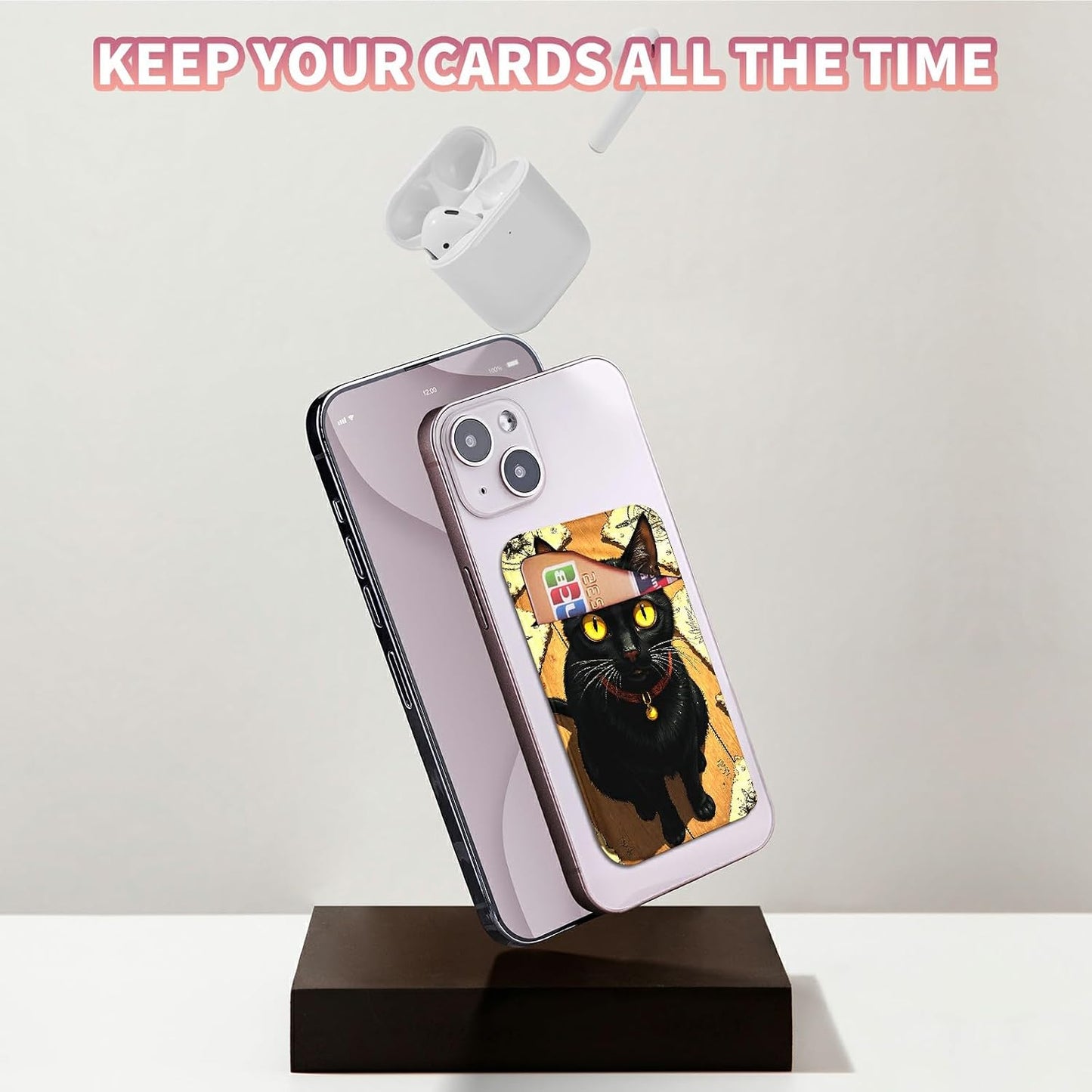 Phone Credit Card Holder Stick on, Cell Phone Pocket Self Adhesive Stretchy Stick on Wallet ID Credit Card Case Pouch Sleeve with Flap for All Smartphones, Yellow Eyed Cat