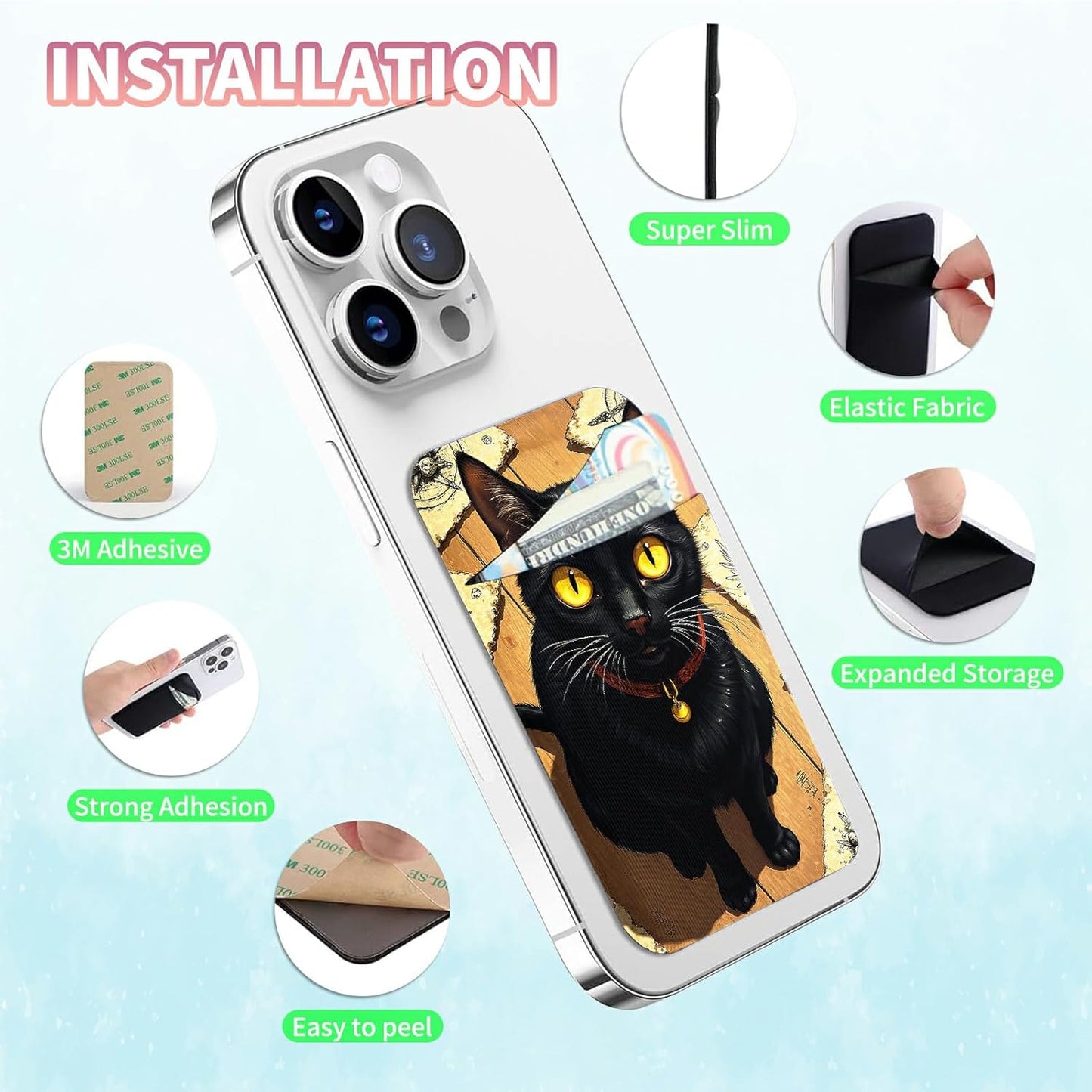 Phone Credit Card Holder Stick on, Cell Phone Pocket Self Adhesive Stretchy Stick on Wallet ID Credit Card Case Pouch Sleeve with Flap for All Smartphones, Yellow Eyed Cat
