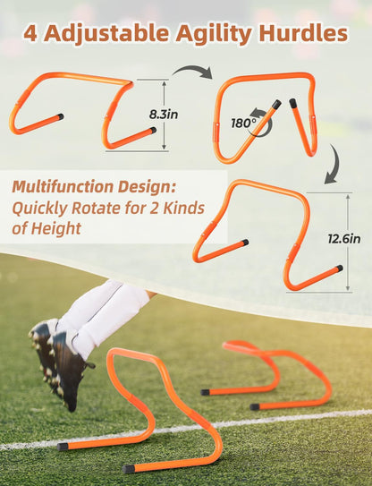 Agility Ladder,Football Training Equipment Set,4 Agility Hurdles, 20 feet12 Rungs Speed Ladder,12 Disc Cones,Resistance Parachute, Jump Rope, 5 Resistance Bands