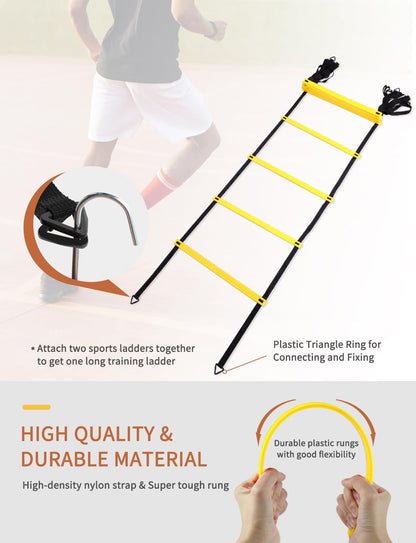 Agility Ladder,Football Training Equipment Set,4 Agility Hurdles, 20 feet12 Rungs Speed Ladder,12 Disc Cones,Resistance Parachute, Jump Rope, 5 Resistance Bands