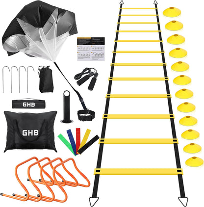 Agility Ladder,Football Training Equipment Set,4 Agility Hurdles, 20 feet12 Rungs Speed Ladder,12 Disc Cones,Resistance Parachute, Jump Rope, 5 Resistance Bands