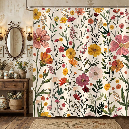 Boho Vintage Floral Shower Curtain, Wildflower Flower Beige Botanical Plant Leaf Cute Yellow Shower Curtain for Bathroom Decor Retro Farmhouse Country with Hooks 72x72 Inch
