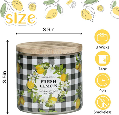 Lemon Candle, Fresh Lemon Scented Candle, Large 3 Wicks Candle, 14 oz