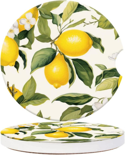 Cup Holder for Car,Lemons and White Flowers Ceramic Coasters Non-Slip Cup Holder Insert with Fingertip Grip, Auto Interior Accessories for Women & Men,Pack of 2, 2.56In