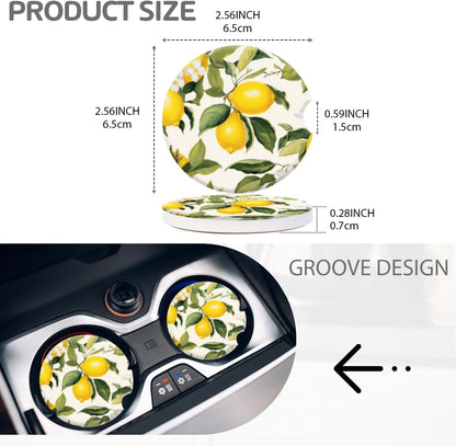 Cup Holder for Car,Lemons and White Flowers Ceramic Coasters Non-Slip Cup Holder Insert with Fingertip Grip, Auto Interior Accessories for Women & Men,Pack of 2, 2.56In