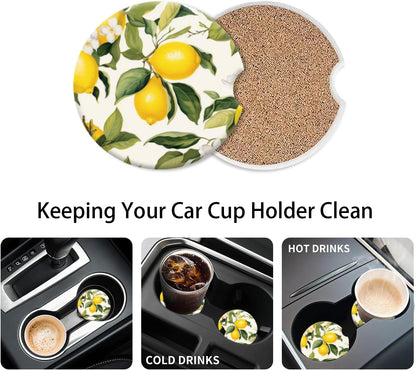 Cup Holder for Car,Lemons and White Flowers Ceramic Coasters Non-Slip Cup Holder Insert with Fingertip Grip, Auto Interior Accessories for Women & Men,Pack of 2, 2.56In