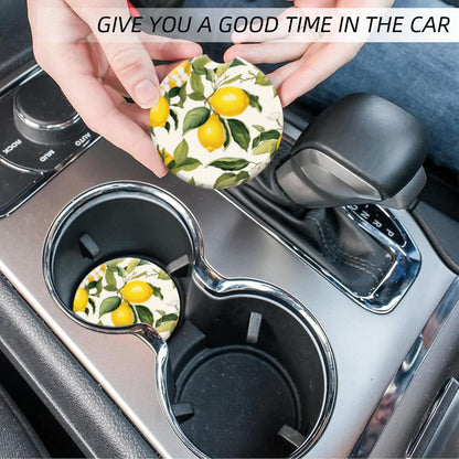 Cup Holder for Car,Lemons and White Flowers Ceramic Coasters Non-Slip Cup Holder Insert with Fingertip Grip, Auto Interior Accessories for Women & Men,Pack of 2, 2.56In