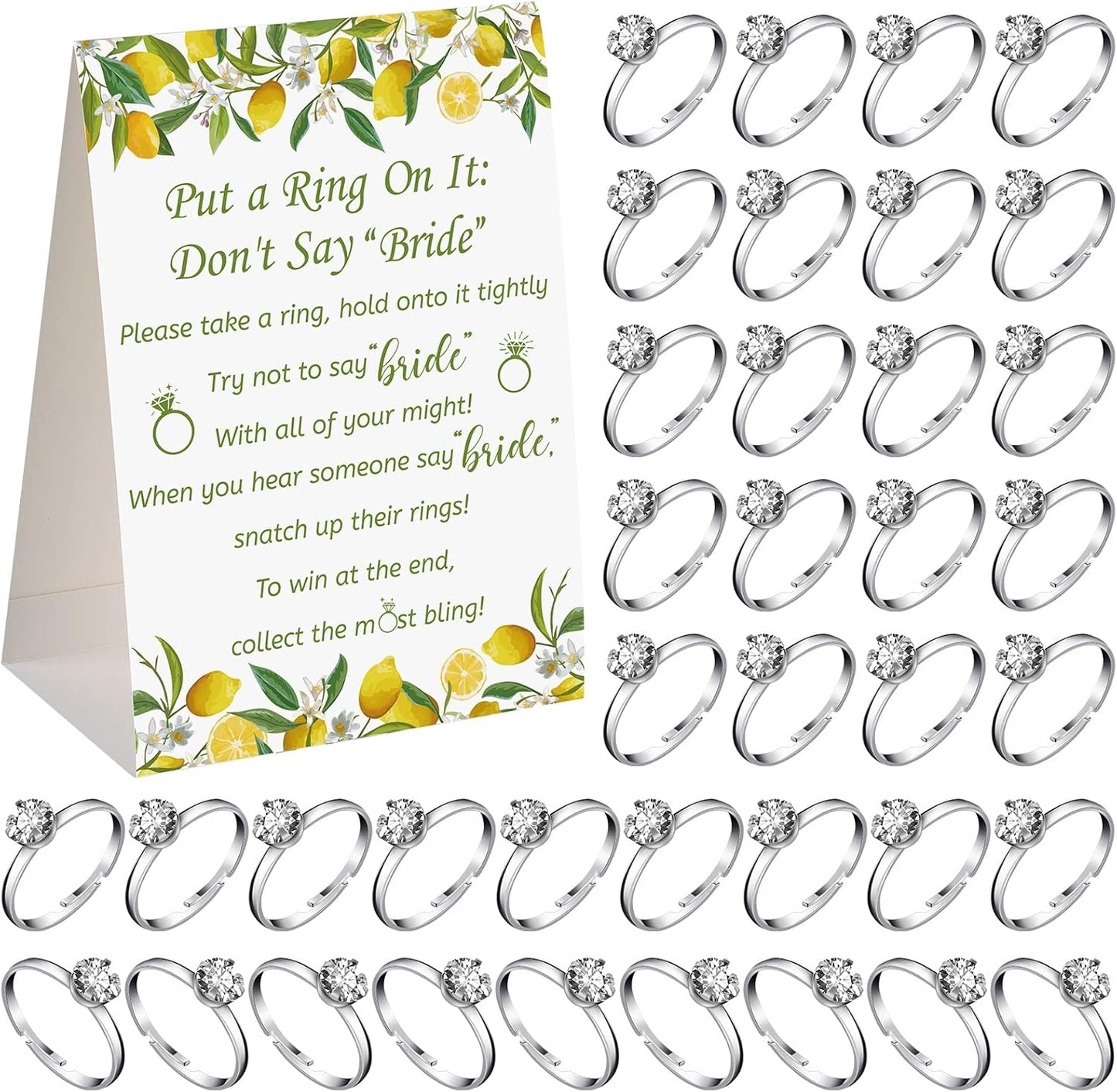 Put a Ring on It Bridal Shower Game with 50 Fake Rings, Rustic Greenery Theme Wedding Shower Games Wedding and Engagement Rings and Not Say Bride Rules Cards(Lemon,Silver)