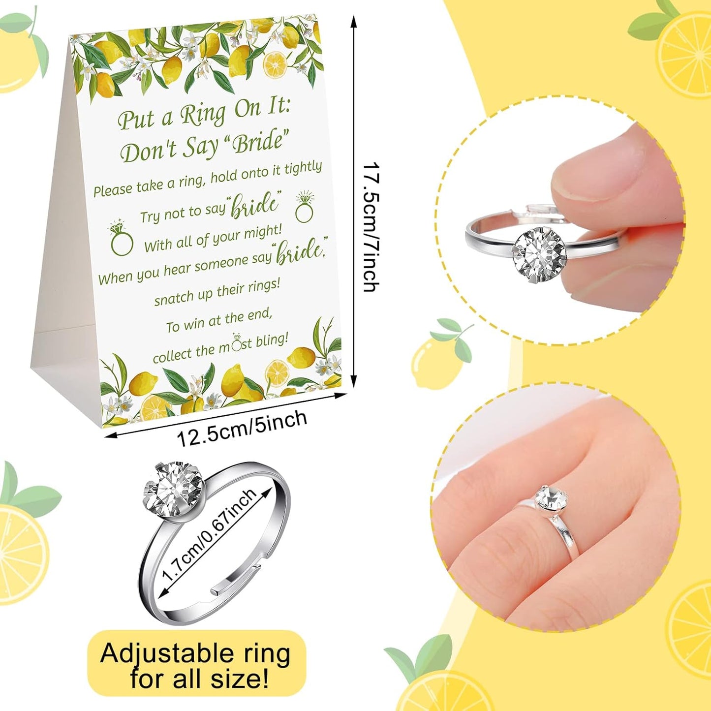 Put a Ring on It Bridal Shower Game with 50 Fake Rings, Rustic Greenery Theme Wedding Shower Games Wedding and Engagement Rings and Not Say Bride Rules Cards(Lemon,Silver)
