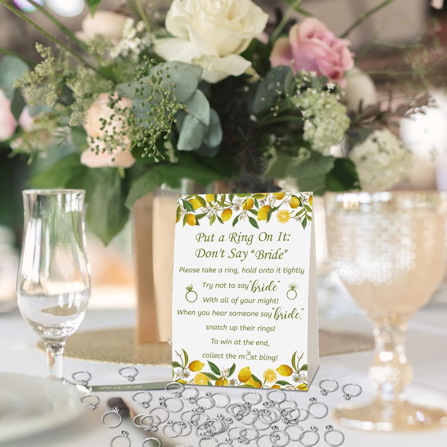 Put a Ring on It Bridal Shower Game with 50 Fake Rings, Rustic Greenery Theme Wedding Shower Games Wedding and Engagement Rings and Not Say Bride Rules Cards(Lemon,Silver)