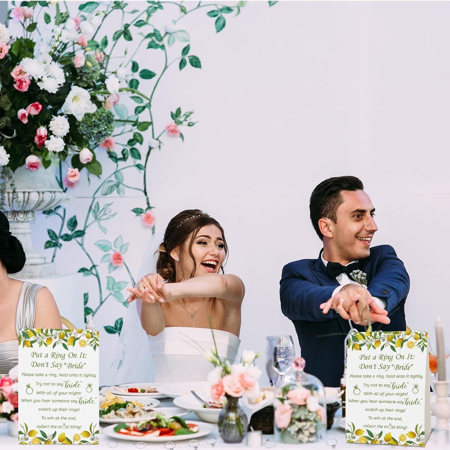 Put a Ring on It Bridal Shower Game with 50 Fake Rings, Rustic Greenery Theme Wedding Shower Games Wedding and Engagement Rings and Not Say Bride Rules Cards(Lemon,Silver)