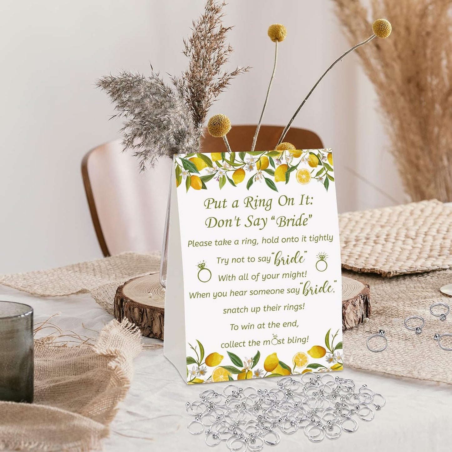 Put a Ring on It Bridal Shower Game with 50 Fake Rings, Rustic Greenery Theme Wedding Shower Games Wedding and Engagement Rings and Not Say Bride Rules Cards(Lemon,Silver)