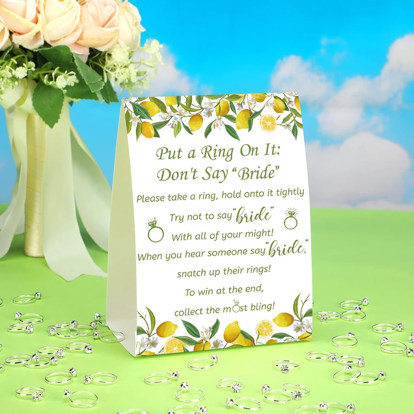 Put a Ring on It Bridal Shower Game with 50 Fake Rings, Rustic Greenery Theme Wedding Shower Games Wedding and Engagement Rings and Not Say Bride Rules Cards(Lemon,Silver)