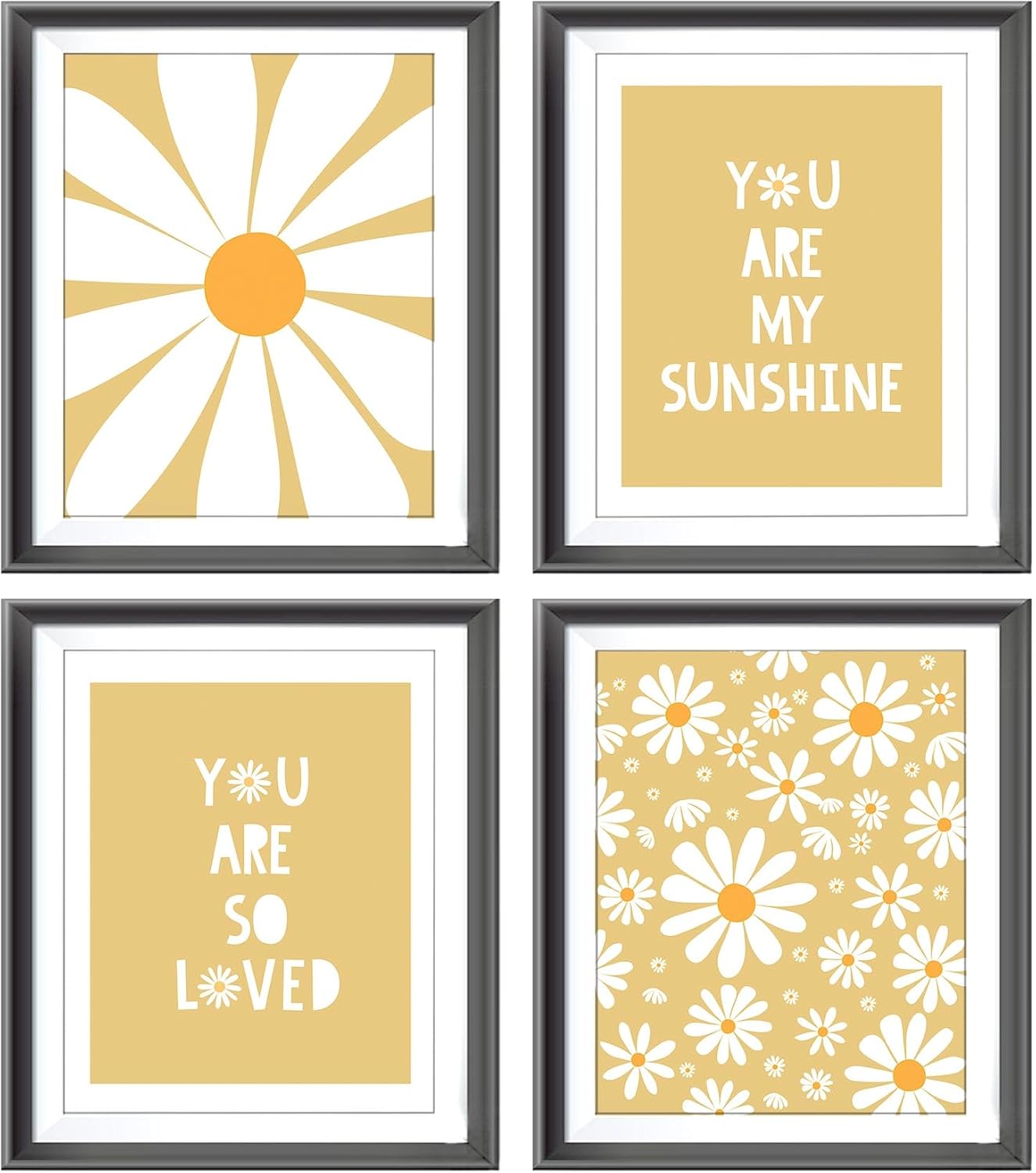 Boho Yellow Daisy Flower Decor Art Print, You Are My Sunshine Poster for Baby Girls Room Nursery, Bohemian Wall Art, Spring Aesthetic Floral Wall Art, 4pcs