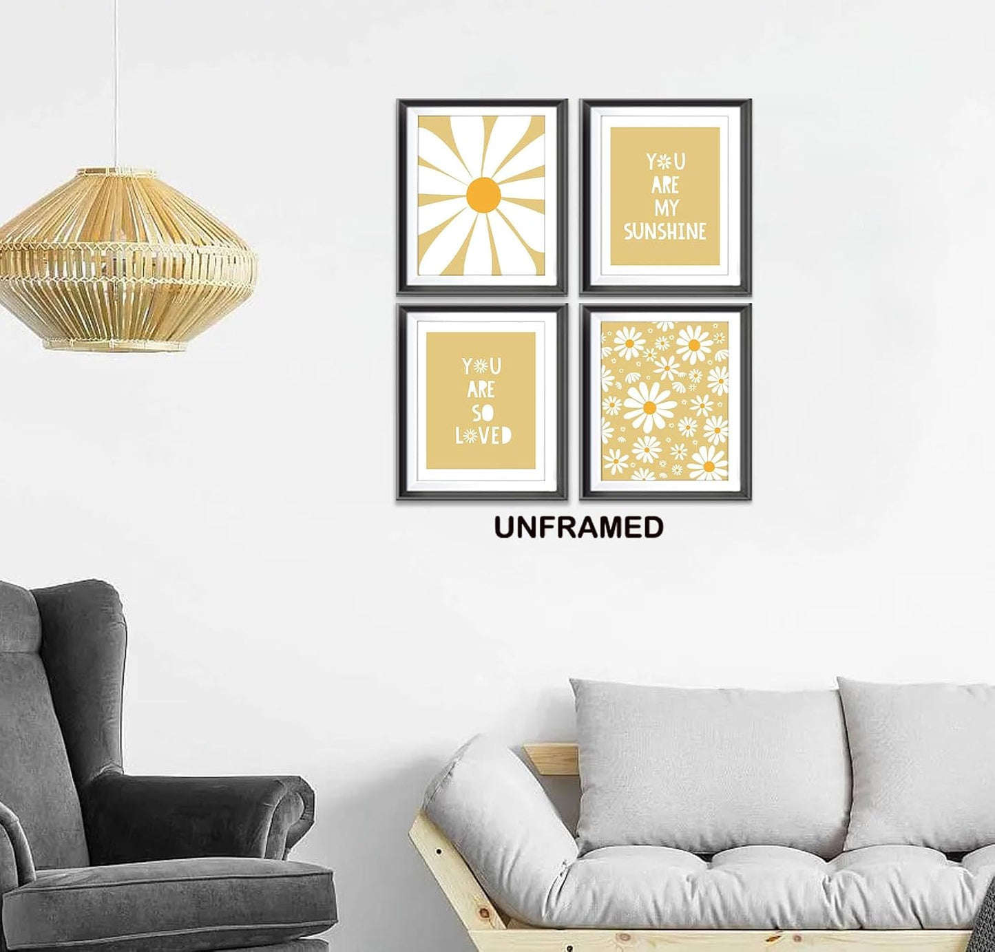 Boho Yellow Daisy Flower Decor Art Print, You Are My Sunshine Poster for Baby Girls Room Nursery, Bohemian Wall Art, Spring Aesthetic Floral Wall Art, 4pcs