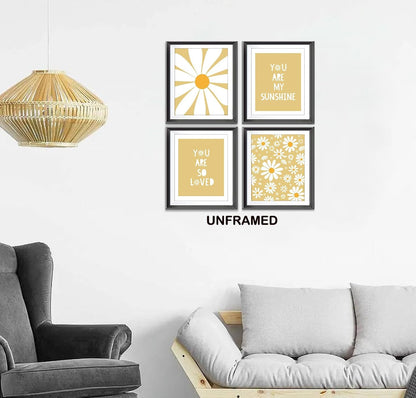 Boho Yellow Daisy Flower Decor Art Print, You Are My Sunshine Poster for Baby Girls Room Nursery, Bohemian Wall Art, Spring Aesthetic Floral Wall Art, 4pcs